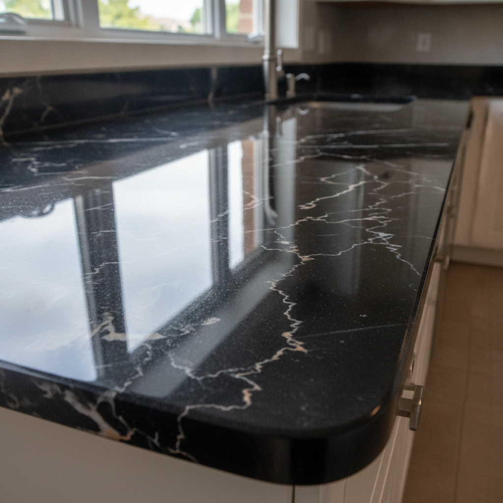 Black marble epoxy countertop with pale veining and a high-gloss mirror finish in a kitchen