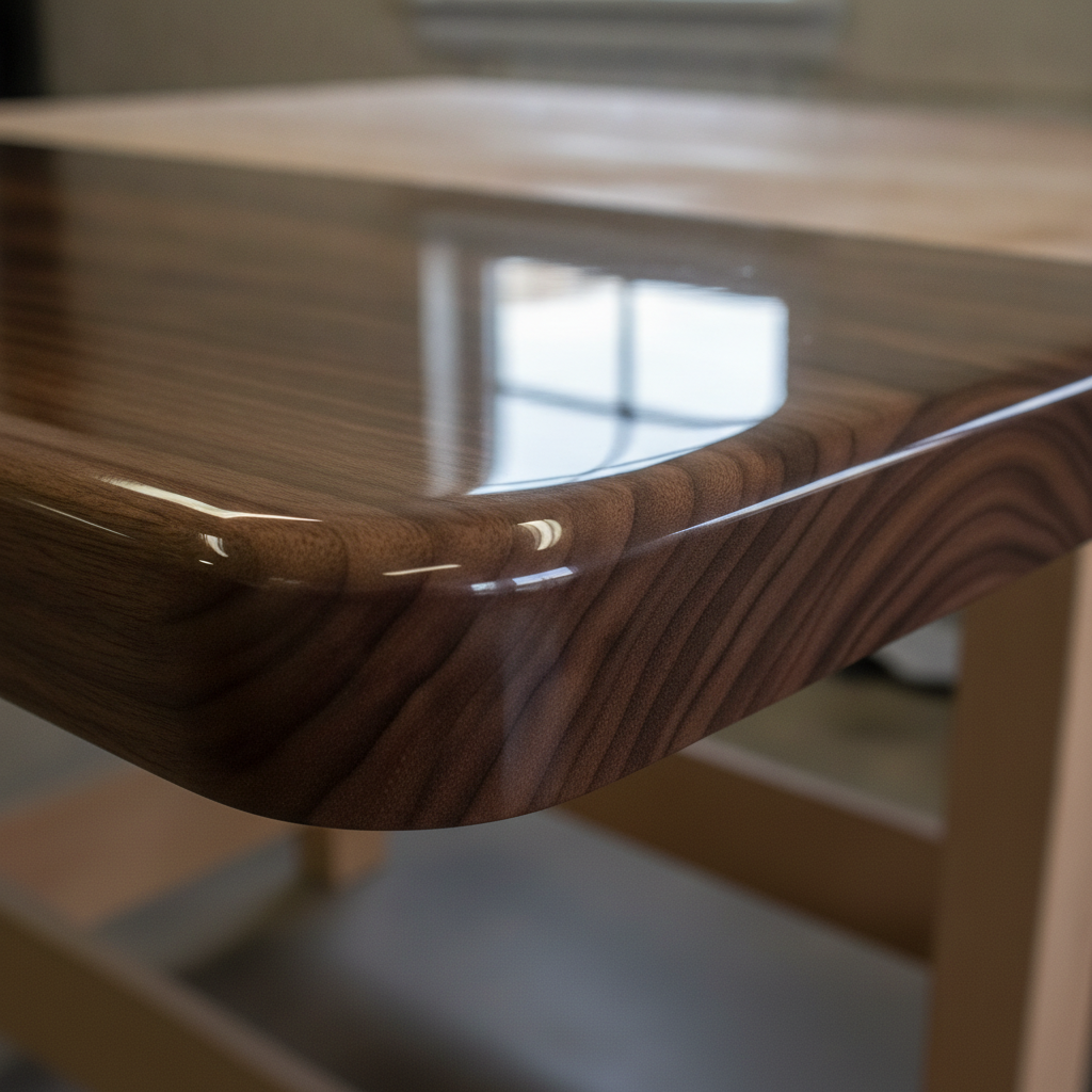 Close-up of the rounded edge of a walnut table top with a fully cured, colourless high-gloss epoxy coating, the wood grain clearly visible through the clear film