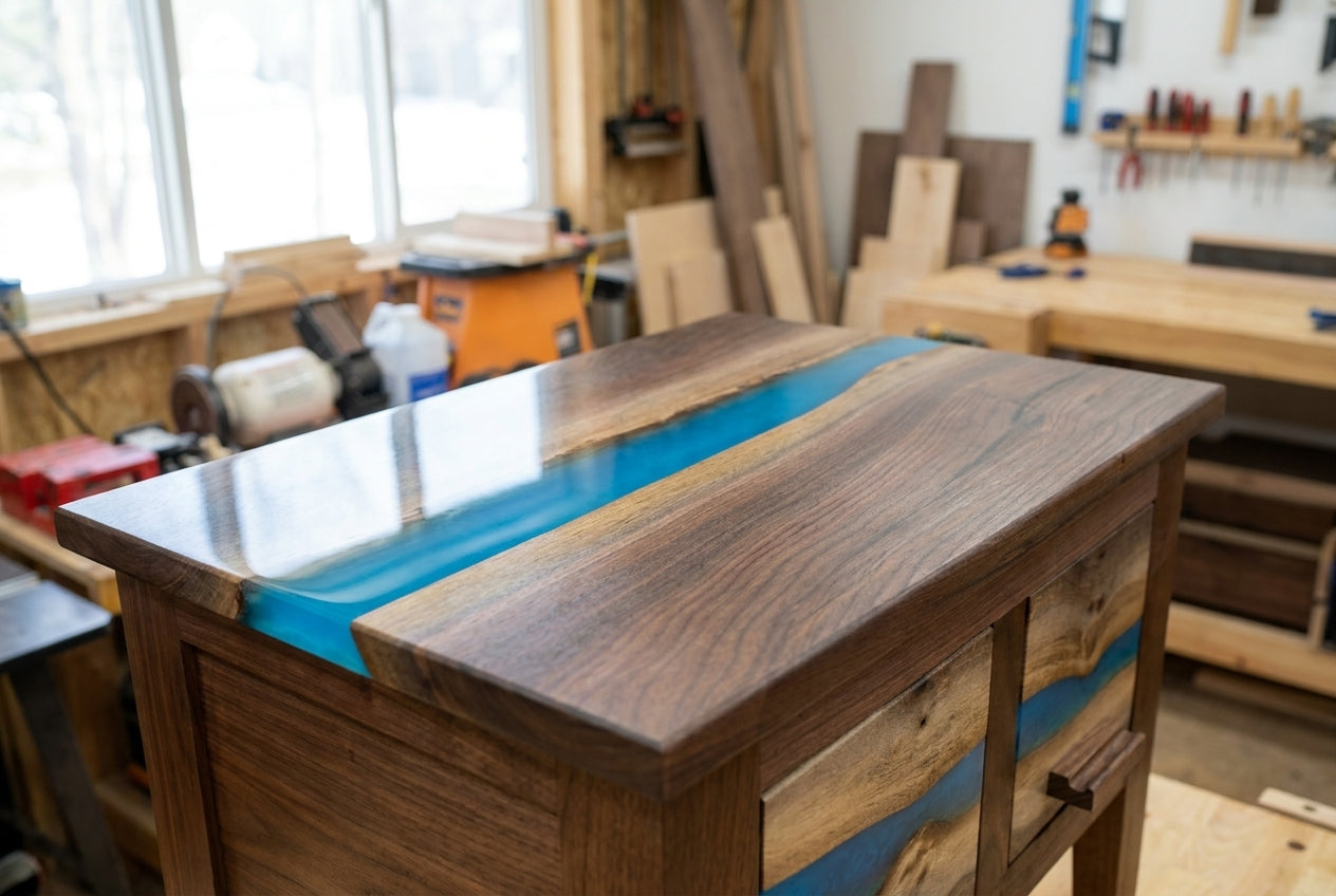 Live-edge walnut river table with a glass-clear blue deep pour epoxy river, in a woodworking shop