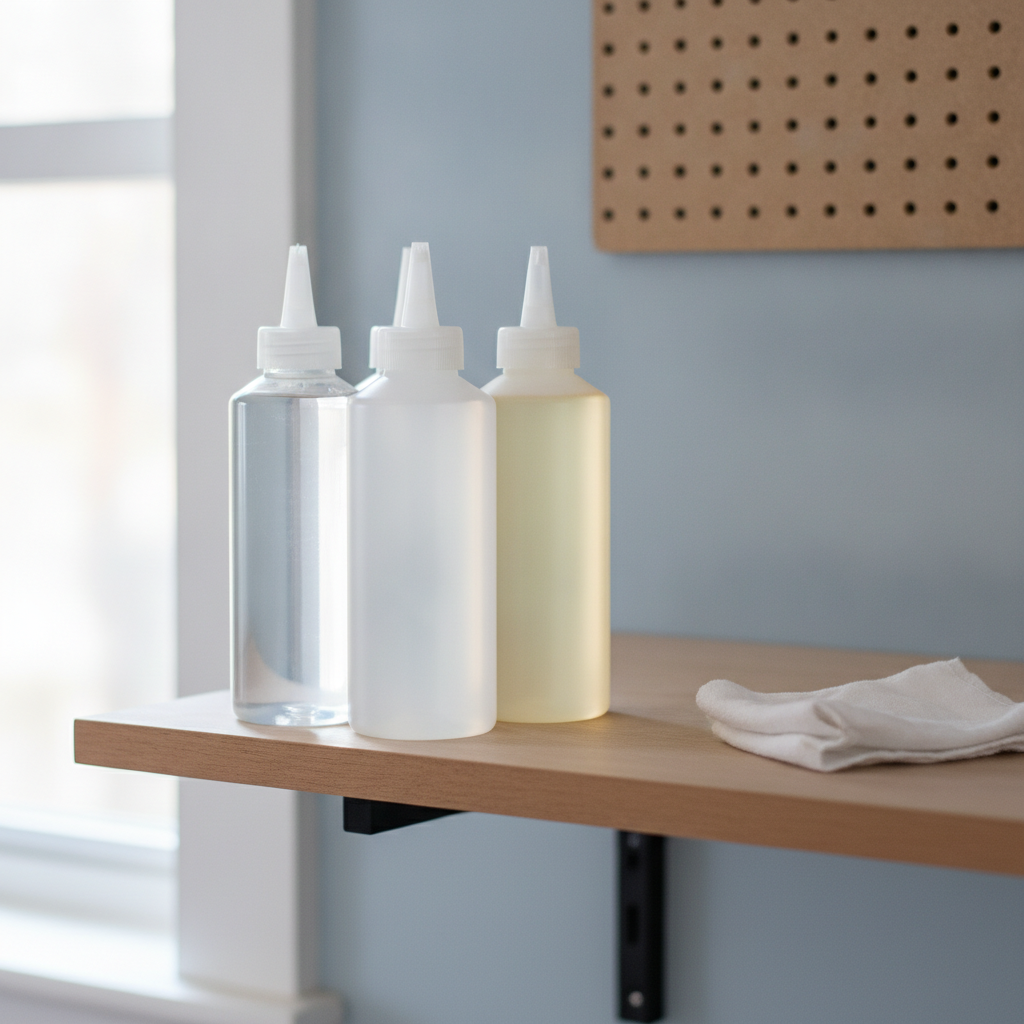Unlabeled bottles of two-part epoxy resin and hardener stored with caps tight on an indoor workshop shelf