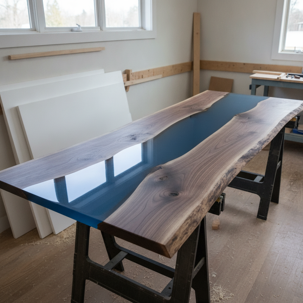Crystal-clear blue epoxy river table slab on sawhorses in a bright woodshop, white melamine mold boards leaning against the wall in the background