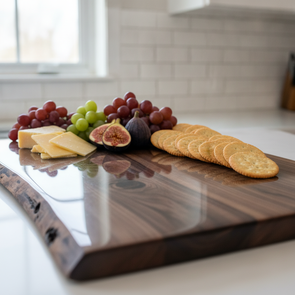 Live-edge walnut charcuterie board sealed in glass-clear epoxy, styled with cheese, figs and grapes