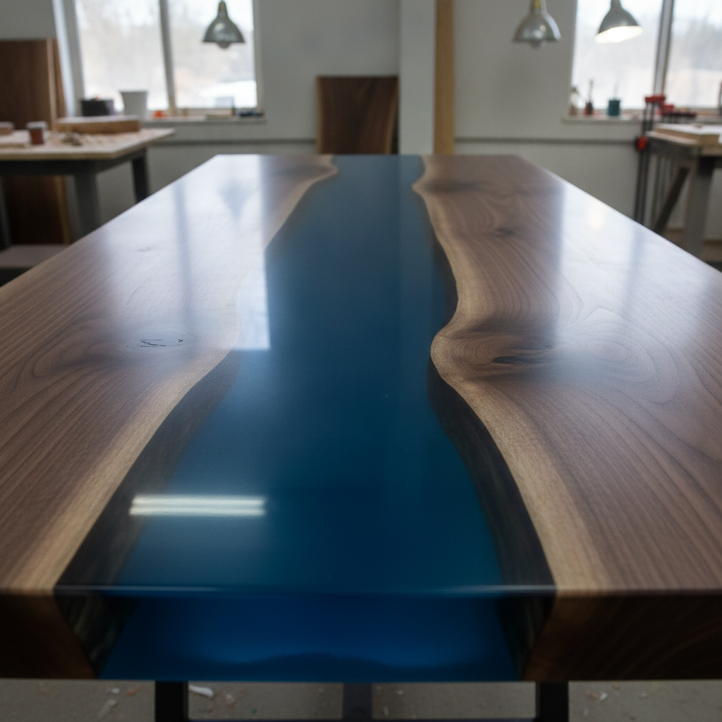 Live-edge walnut river table with deep blue crystal-clear cured epoxy river channel, smooth glass-like surface