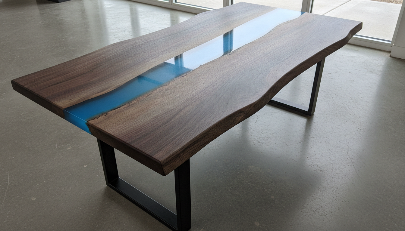 Live-edge walnut river table with blue-tinted crystal-clear deep pour epoxy channel, high-gloss surface reflecting natural light