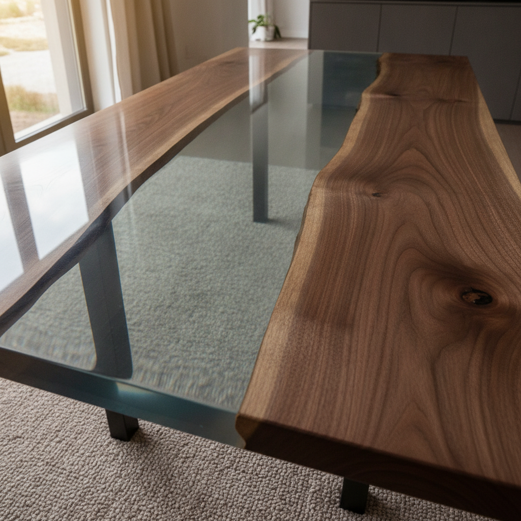 River table with crystal-clear Liquid Glass Deep Pour epoxy and walnut live edge, low angle view showing optical transparency