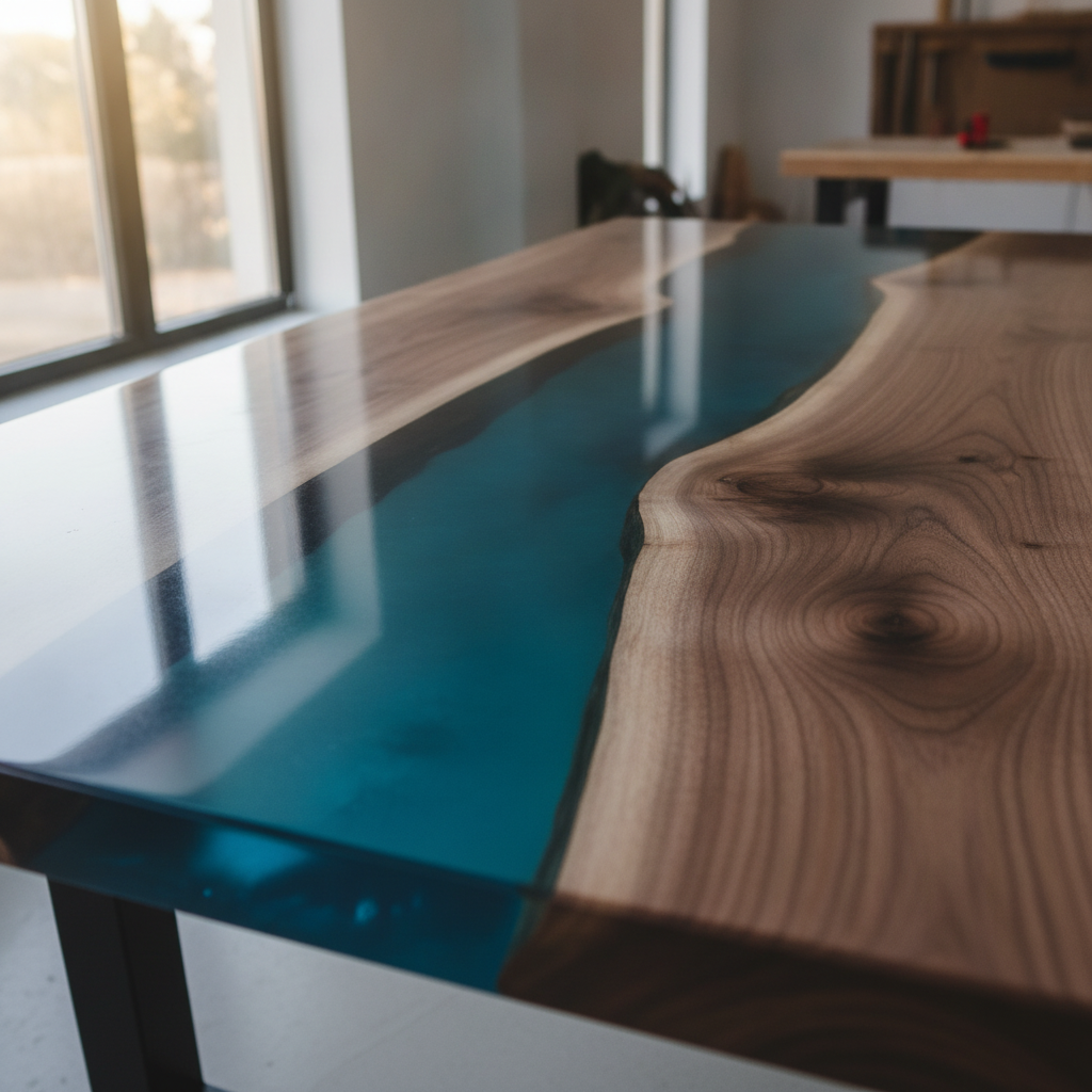 Finished river dining table with teal deep pour epoxy river channel between live-edge walnut slabs, high-gloss crystal-clear cured resin surface