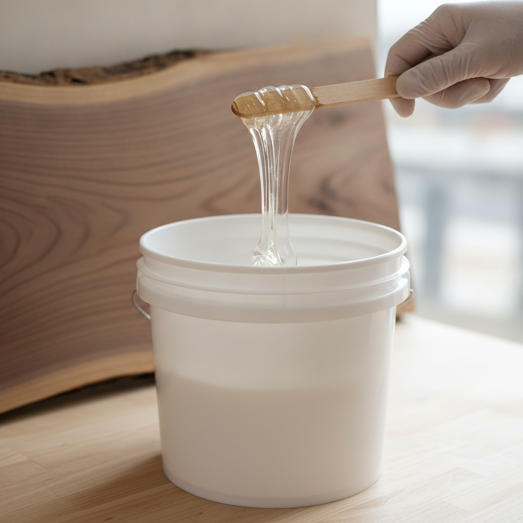 Gloved hand lifting a stir stick of clear, freshly mixed epoxy resin out of a mixing bucket, a first-pour setup for beginners