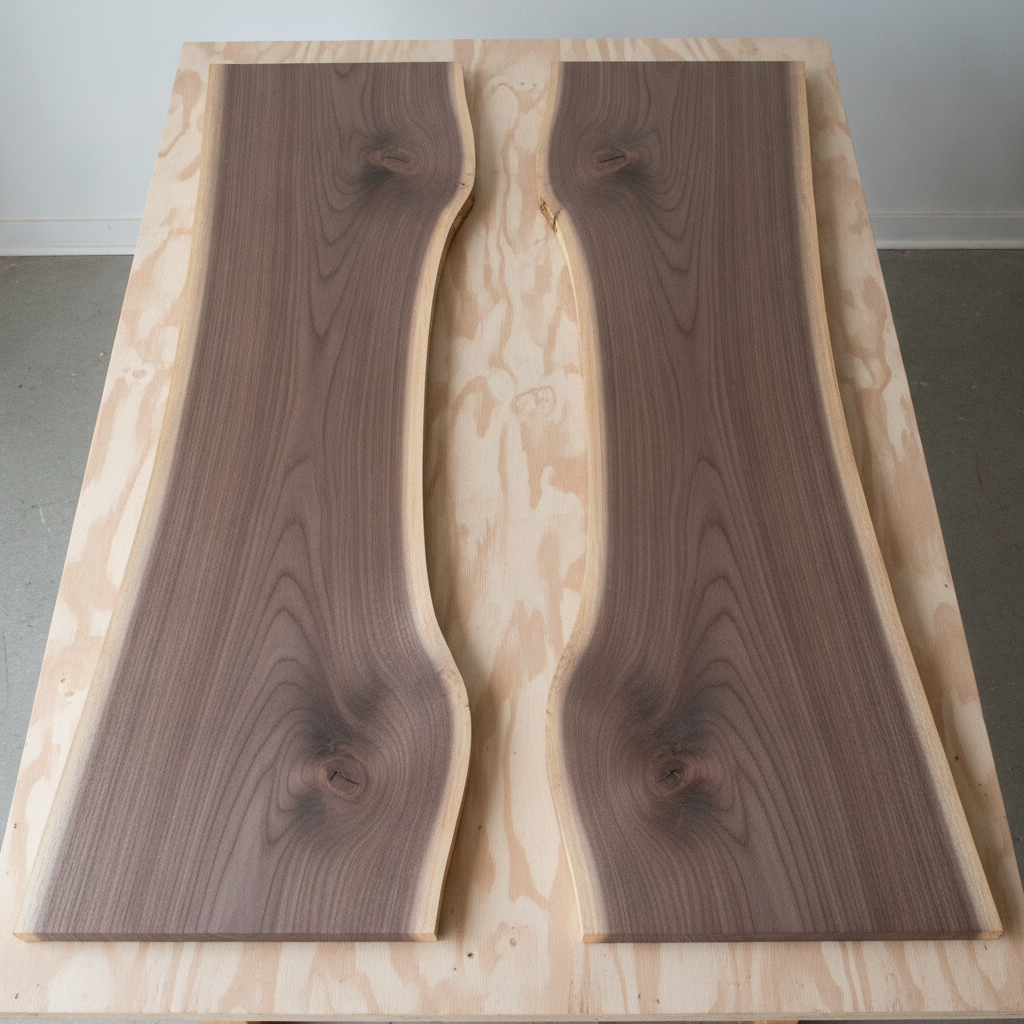 Two bookmatched walnut live-edge slabs dry-fitted on a bench with an empty river channel between them