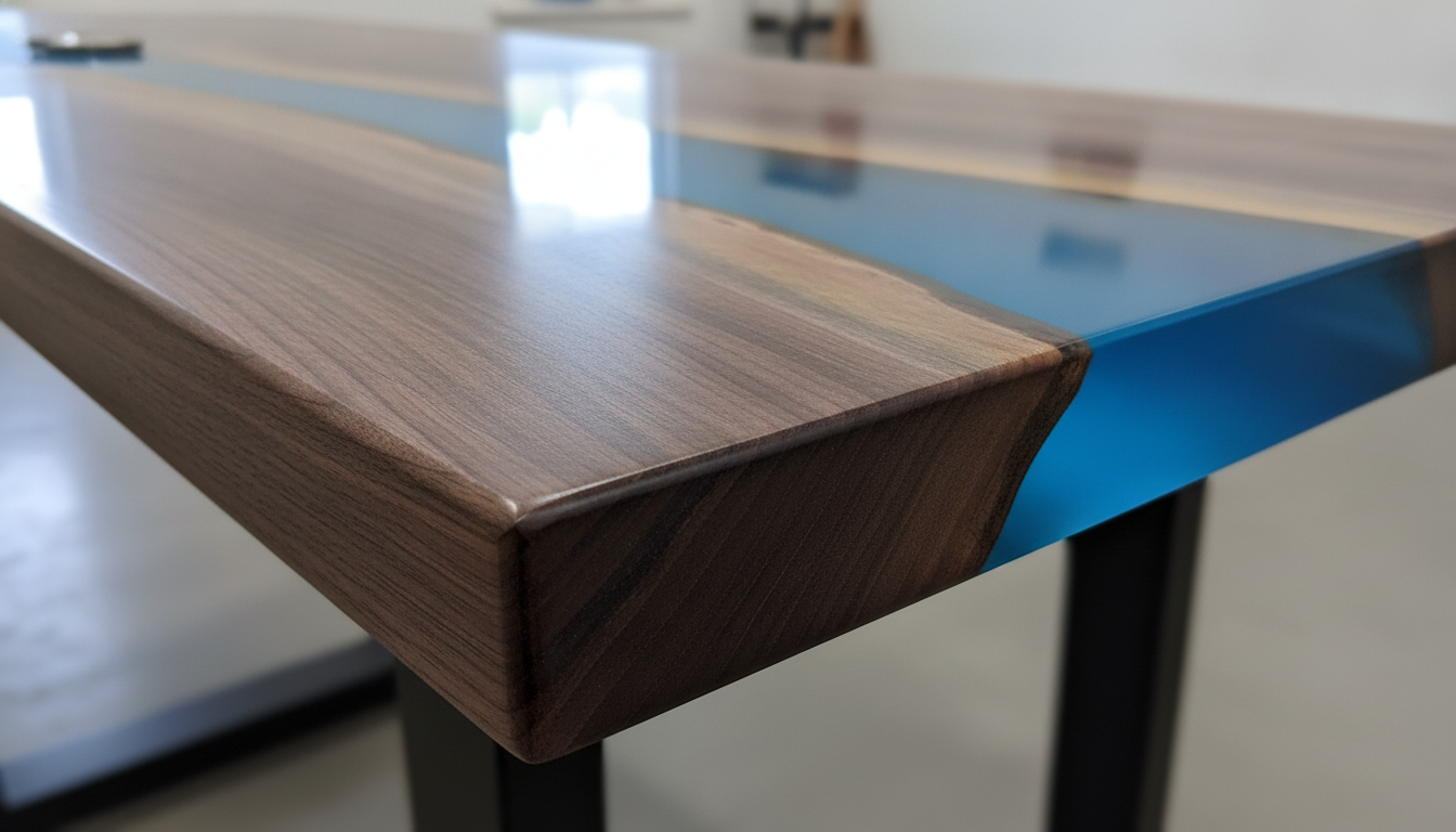 Corner of a finished walnut river table where the cured epoxy pour meets the table end, transparent and glass-hard through its full thickness