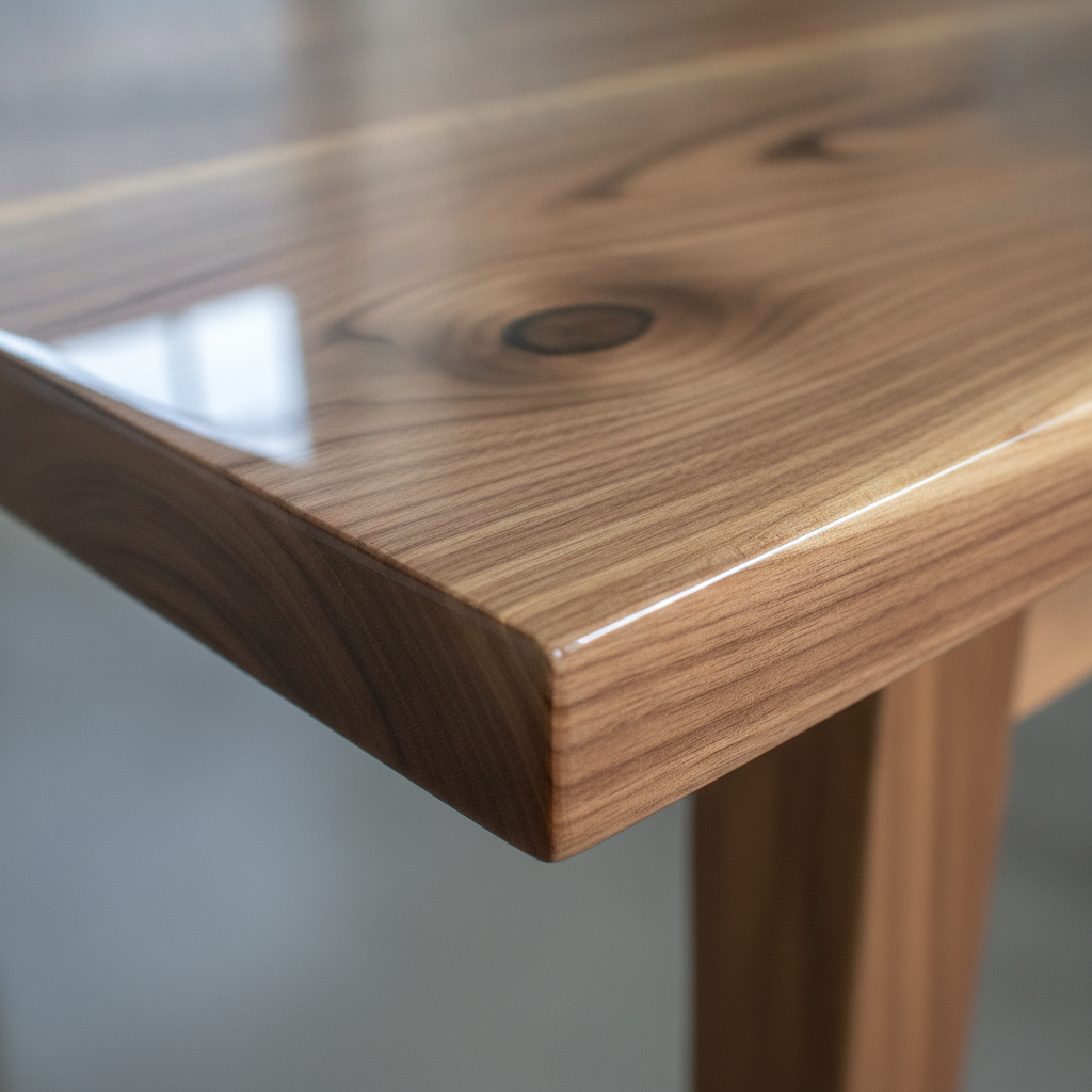 Corner of a walnut table top under a glass-clear epoxy coat, window mirrored in the high-gloss finish