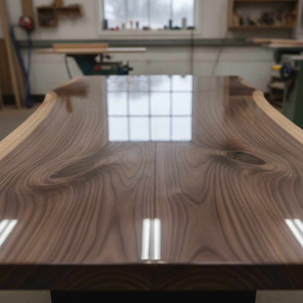 Live-edge black walnut slab table sealed under a flawless water-clear epoxy clear coat, the wood grain crisp beneath a mirror high-gloss surface