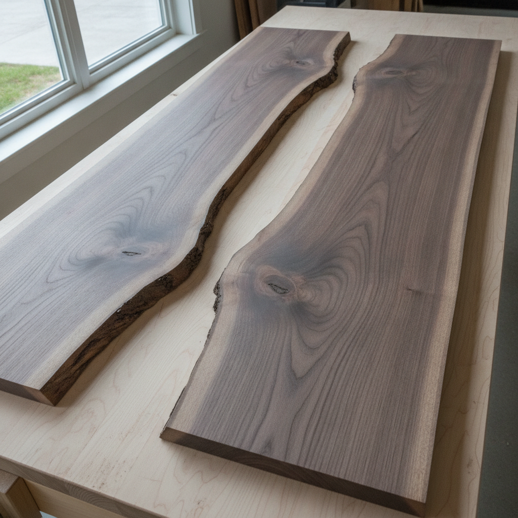Two bookmatched black walnut slabs laid out on a workbench with an empty channel between them, ready to be measured before a deep pour