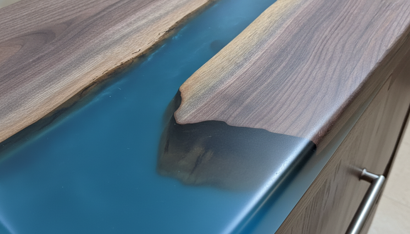 Close-up of ocean-blue tinted deep pour epoxy meeting walnut live edge, showing cured glass depth and high-gloss surface