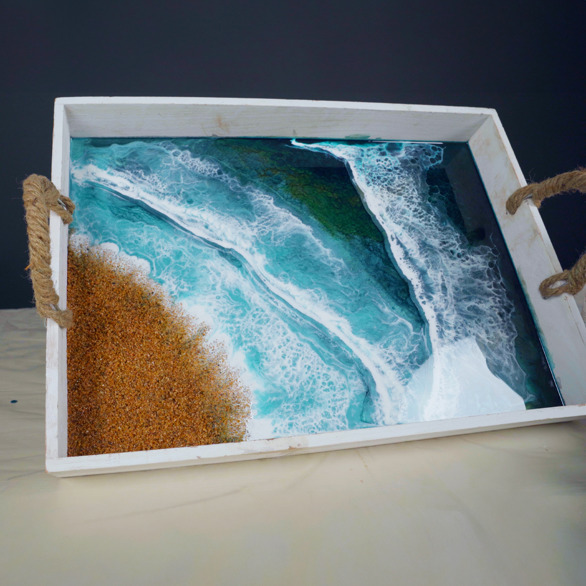 Green Ocean Epoxy Resin Art Serving Tray.